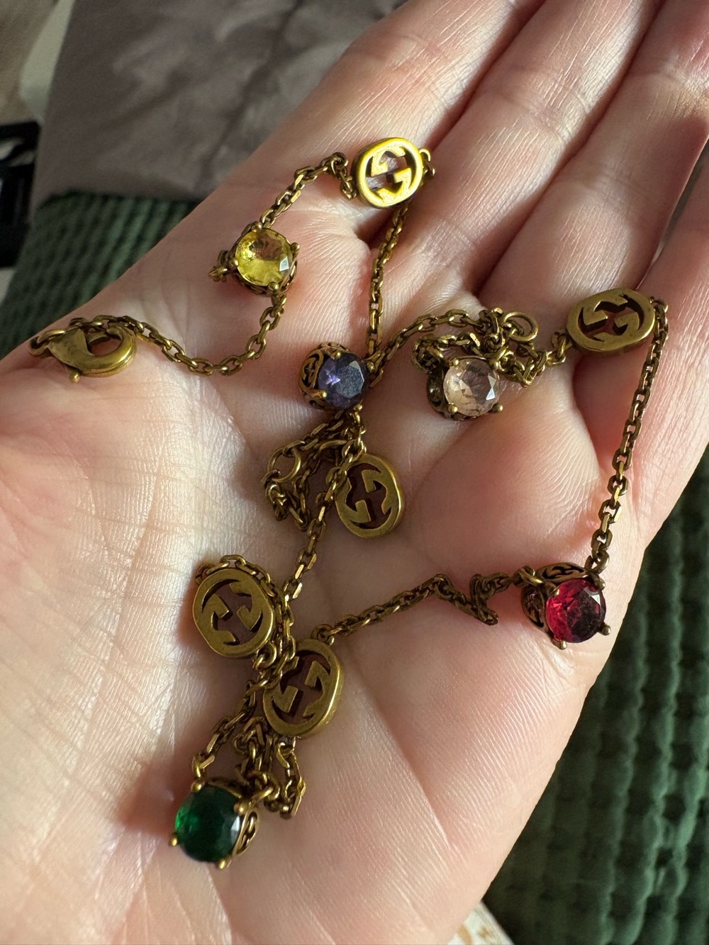 Gucci Old Gold-Tone Chain Necklace with Green, Red and Purple Gem Charms 20” - Picture 2 of 8